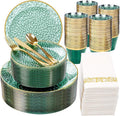 Rubtlamp 350 Pcs Green Plastic Dinnerware Set, Green and Gold Plastic Plates, Hammered Party Plates Include Dinner Platos, Dessert Platos, Cups, Gold Cutlery Set And Napkins for Party