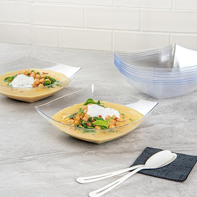 Restaurantware-Moderna 32 Ounce Fancy Plastic Bowls, 10 Square Disposable Salad Bowls - Durable, Heavy-duty, Clear Plastic Bowl, For Warm And Cold Foods