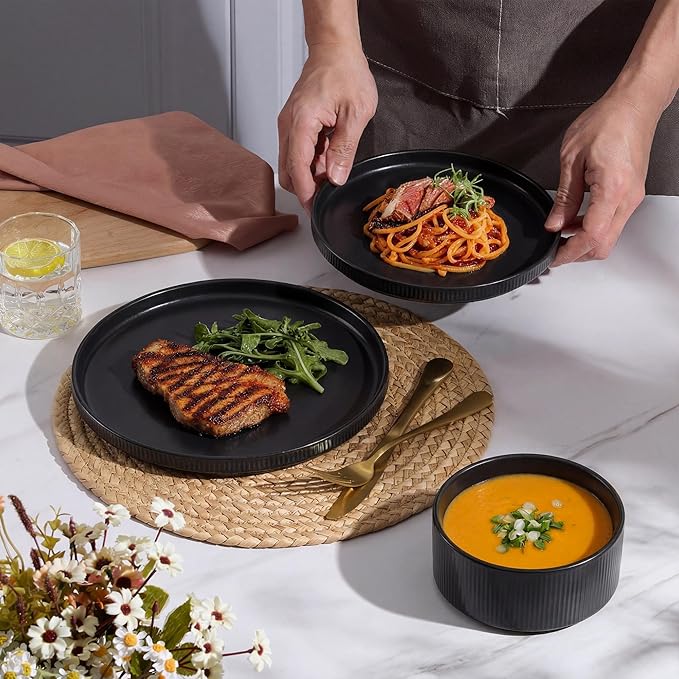 E-far 12-Piece Plates and Bowls Sets, Stoneware Dinnerware Dishes Sets for 4, Kitchen Modern Dining Dishware, Chip & Scratch Resistant, Microwave & Dishwasher Safe, Matte Black