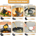 Silicone Cooking Utensils Set, 17pcs Kitchen Utensil Set with Rotatable Holder, Heat-Resistant Silicone Utensils for Cooking, Non-Stick Spatula Set with Stainless Steel Handle,Turner,Ladle (Gold)