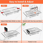 Expandable Over The Sink Dish Drainer Drying Rack In Stainless Steel Metal For Small Kitchen, Counter Space Saving Compact Above Plate Dryer Strainer, Adjustable Hanging Inside Sink Wire Drain Holder
