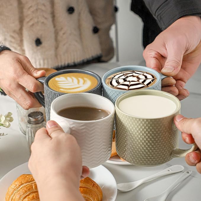 HASENSE 12 OZ Coffee Mugs Set of 4, Stackable Ceramic Coffee Mugs with Metal Stand, Embossed Coffee Cups for Latte, Cappuccino, Mocha, Cocoa, Hot Tea and Milk, Multi Color