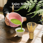 Matcha Whisk Set,7 PCS Ceramic Matcha Kit Includes Matcha Bowl with Spout, Matcha Whisk and Holder, Bamboo Scoop, Stainless Sifter, Tea Towel, Unique Gift for Matcha Lovers (Pink)