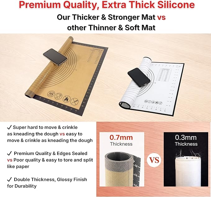 Silicone Pastry Mat with Measurements, 26 x 16 Inch Extra Thick Non-Slip Nonstick Large Baking Mat for Dough Rolling, Kneading, Fondant and Pie, Gray