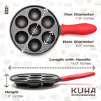 KUHA Cast Iron Aebleskiver Pan | Pre-Seasoned Pan for Authentic Danish Pancake Making, Poffertjes, Takoyaki, Appam & Paniyaram | Silicone Handle, Oven Mitt & Bamboo Skewers Included | 7.9" Diameter