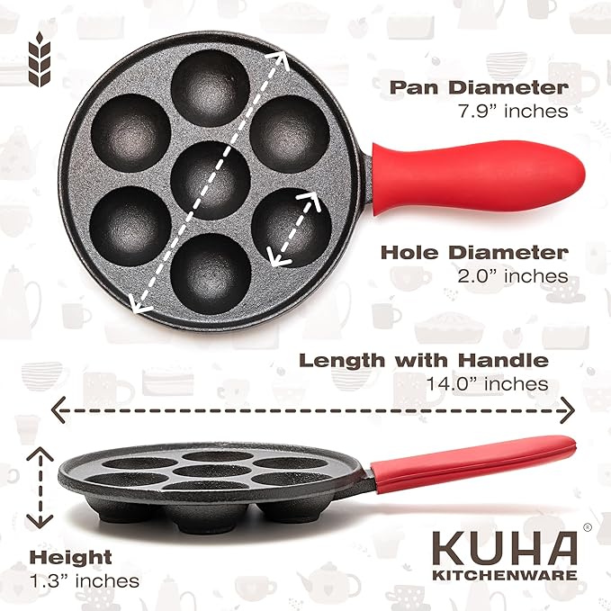KUHA Cast Iron Aebleskiver Pan | Pre-Seasoned Pan for Authentic Danish Pancake Making, Poffertjes, Takoyaki, Appam & Paniyaram | Silicone Handle, Oven Mitt & Bamboo Skewers Included | 7.9" Diameter