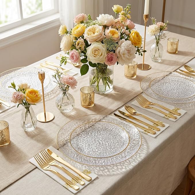 Rubtlamp 350 Pcs Clear Gold Plastic Plates, Hammered Disposable Dinnerware, Clear-Gold Plates Set Include 100 Plastic Platos, 150 Gold Disposable Silverware, 50 Cups And 50 Napkins for Party
