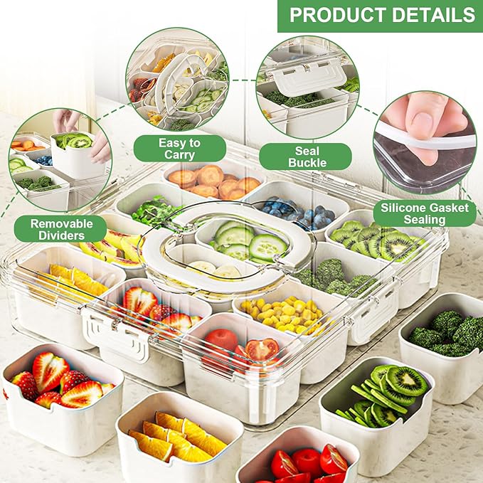 2Pcs Snackle Box Container, Divided Serving Tray with Lid and Handle, Snack Box Container Food Platter Charcuterie for Party, Veggies, Snack, Fruit, Nuts, Entertaining, Picnic, LARGER SIZE