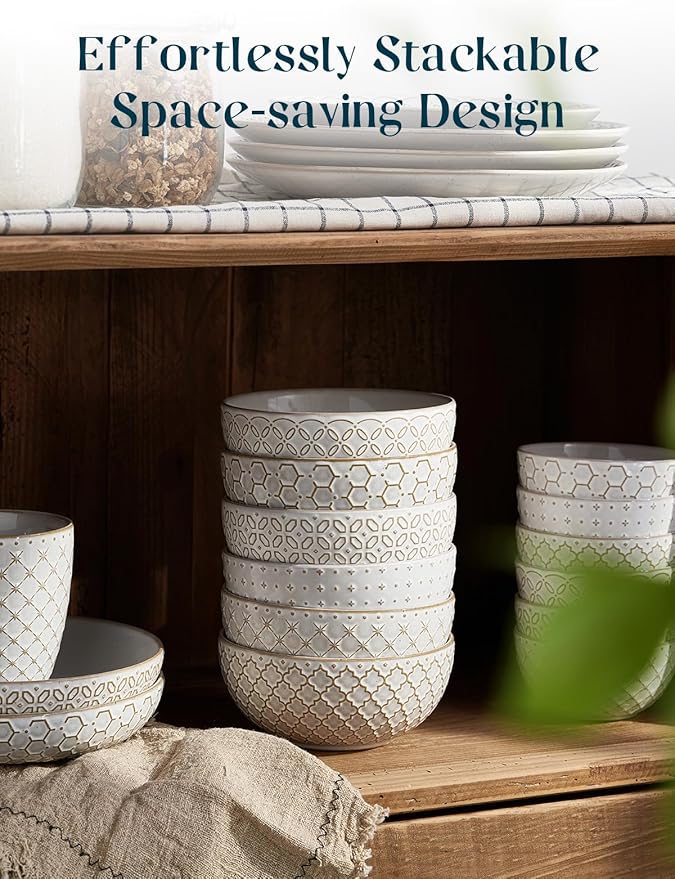 DOWAN Soup Bowls Set of 6, 26 OZ Cereal Bowls for Kitchen, 6" Ceramic Embossment Bowl for Salad, Pho, Fruits, Rice, Large Bowls Decor & Housewarming Gift, Dishwasher & Microwave Safe