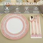FOCUSLINE 350 Ct Rose Gold Dinnerware Set for 50 Guests, Rose Gold Lace Plastic Plates Disposable Heavy Duty, Including 50 Dinner & Dessert Plates, Cups, Napkins, Cutlery Set