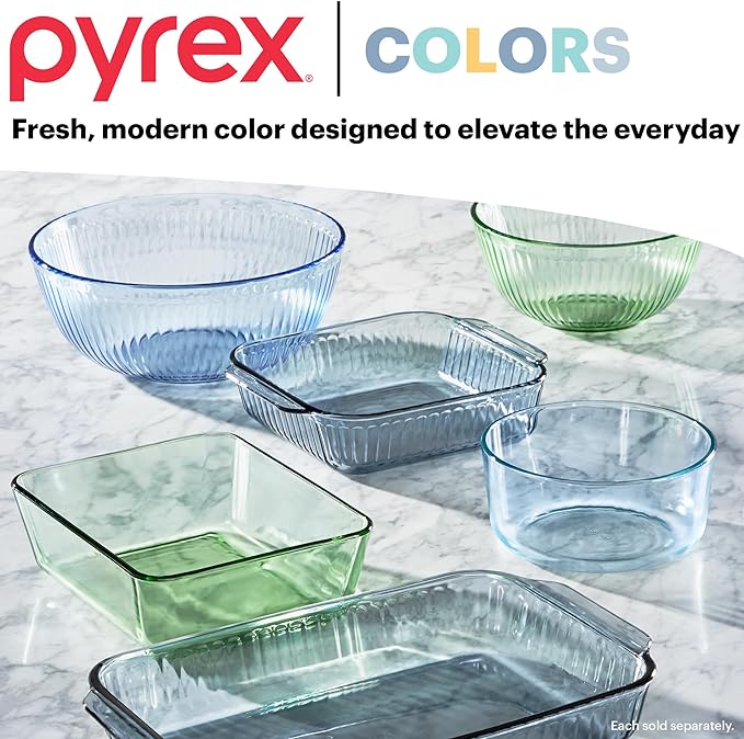 Pyrex Colors (2-Pack) Sculpted Tinted Small/Medium Glass Mixing Bowls With Plastic Lids, Nesting Space Saving Set of Bowls For Prepping and Baking, 1.3QT & 2.3QT