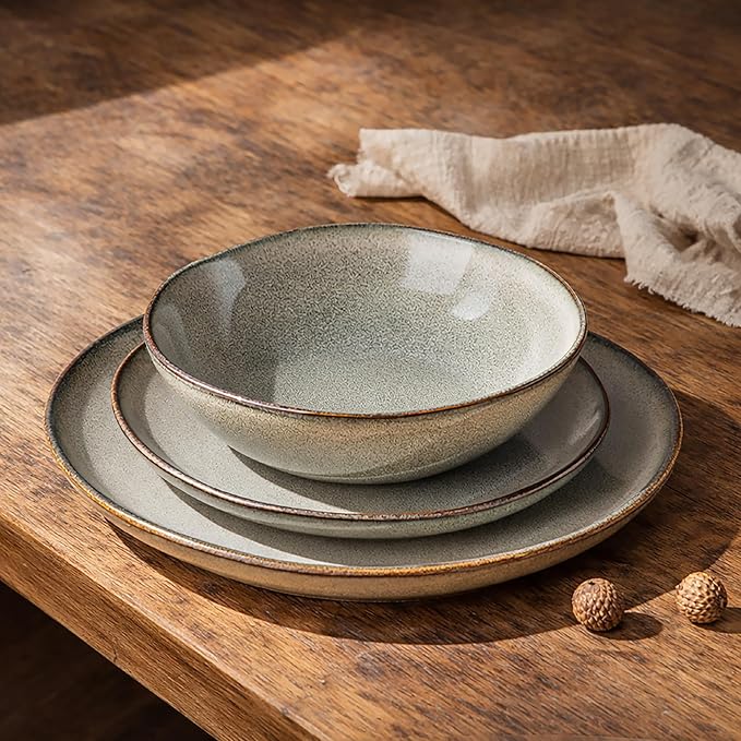 GBHOME Stoneware Dinnerware Sets for 8, 24 Pieces Rustic Ceramic Plates and Bowls Set, Handmade Reactive Glaze Plate Sets, Highly Chip Resistant Dishes, Microwave & Dishwasher Safe, Green Wheat