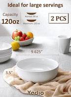 Yedio Pasta Serving Bowls 120 Ounce 9.7” Large Serving Bowls, Porcelain Salad Bowls for Kitchen, Big White Soup Bowls, Oven Dishwasher Safe, Set of 2