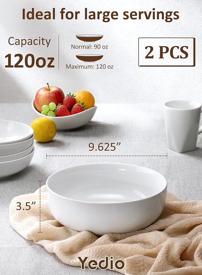 Yedio Pasta Serving Bowls 120 Ounce 9.7” Large Serving Bowls, Porcelain Salad Bowls for Kitchen, Big White Soup Bowls, Oven Dishwasher Safe, Set of 2