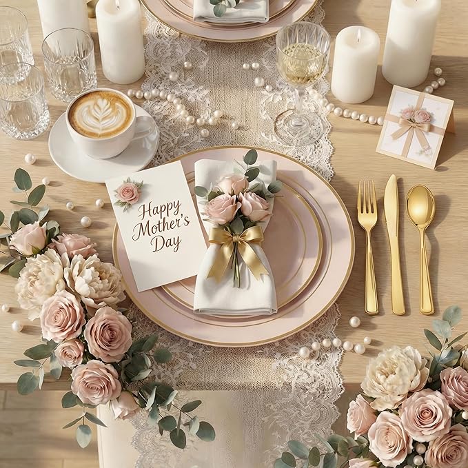 WDF Partyware 175PCS Pink plastic Plates - Pink Disposable Plates 25Guests Disposable Dinnerware Sets with Rolled Napkins for Wedding/Birthday/Baby Shower/Mother's Day
