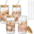Mumufy 4 Pack Gift for Women Cute Glass Cup Tumbler Flower Iced Coffee Mugs 16 oz Glass with Bamboo Lid & Straw, Mothers Day Birthday Gift for Mom Sister Bridesmaid Baby Shower(Brown Flower)
