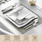 MALACASA Plates and Bowls Set, 12-Piece Modern Porcelain Dinnerware for 4, Marble Square Ceramic Dish Set, Microwave and Dishwasher Safe, Flora Series