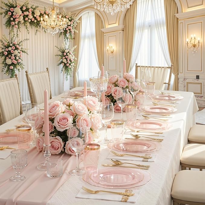 KIRE 210Pcs Clear Pink Plastic Plates with Gold Rim - Disposable Pink Plates&Silverware&Pink Cups&Hand Napkin - Plum Colored Plastic Dinnerware for Upscale Wedding/Party/Baby Shower/Mother's Day
