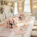 KIRE 210Pcs Clear Pink Plastic Plates with Gold Rim - Disposable Pink Plates&Silverware&Pink Cups&Hand Napkin - Plum Colored Plastic Dinnerware for Upscale Wedding/Party/Baby Shower/Mother's Day