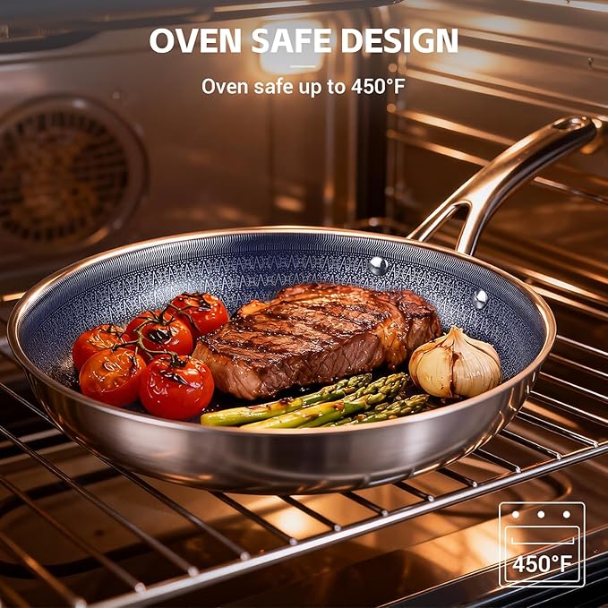 Ammeloo Hybrid Tri-Ply Stainless Steel Frying Pan Set, 8"/9.5"/11" Cooking Pans, Non Stick Frying Pans and Skillets, Chef Pan, Non Toxic, Dishwasher Safe, Induction Compatible, Blue Interior