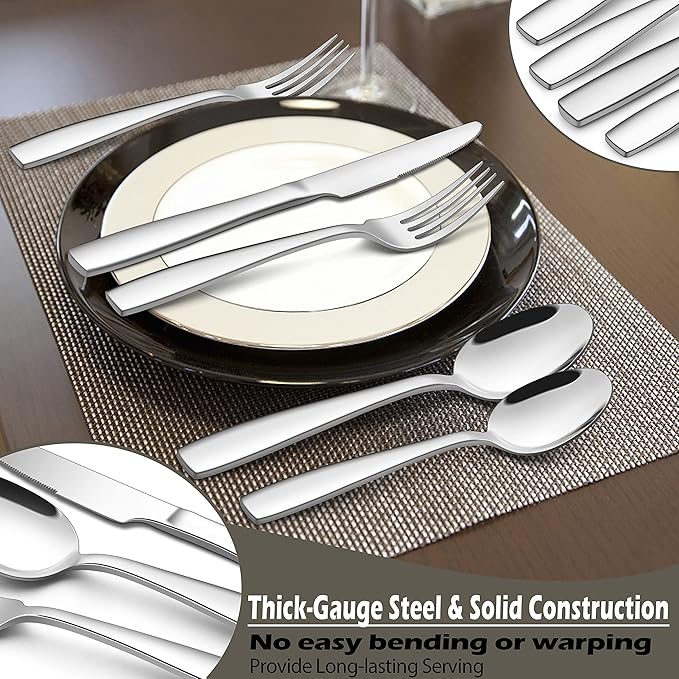 E-far Heavy Duty Silverware Set for 12, 60-Piece Stainless Steel Flatware Cutlery Set, Thick Metal Tableware Eating Utensils Include Forks Spoons Knives, Square Edge & Mirror Polished, Dishwasher Safe