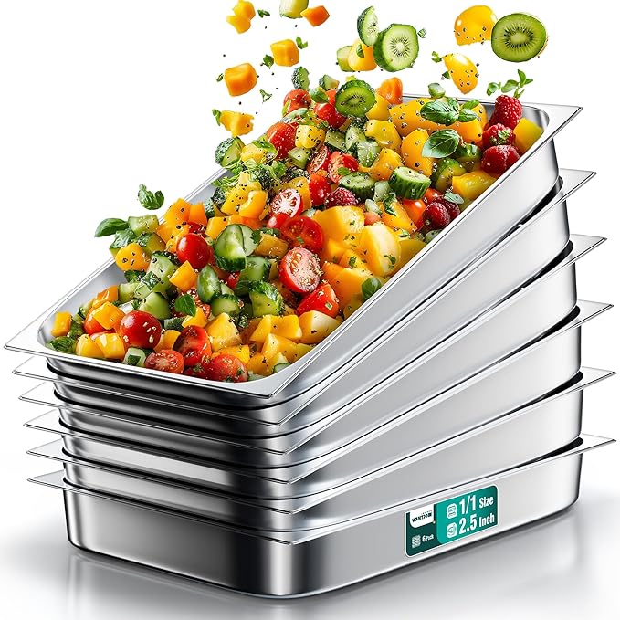 WantJoin Steam Table Hotel Pans 1/1 Full Size 2.5 Inch Deep 6 Pack, Stainless Steel Metal Tray Sets Food Storage Container for Restaurant Chafing Dishes Commercial Buffet Catering Supplies
