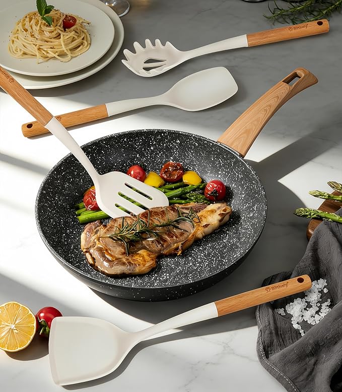 Large Silicone Kitchen Utensils Set, 6 PCS Nonstick Cooking Utensils Set with Wooden Handle, Heat Resistant and BPA Free Silicone Utensil Spatula Set for Cooking with Turner, Spoon and Ladle(White)