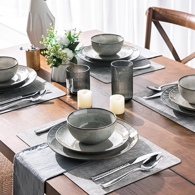 GBHOME Dinnerware Sets for 6, 24 Pieces Stoneware Plates and Bowls Set with Reactive Glaze, Scratch Resistant Stoneware Dishes Set, Dishwasher & Microwave Safe