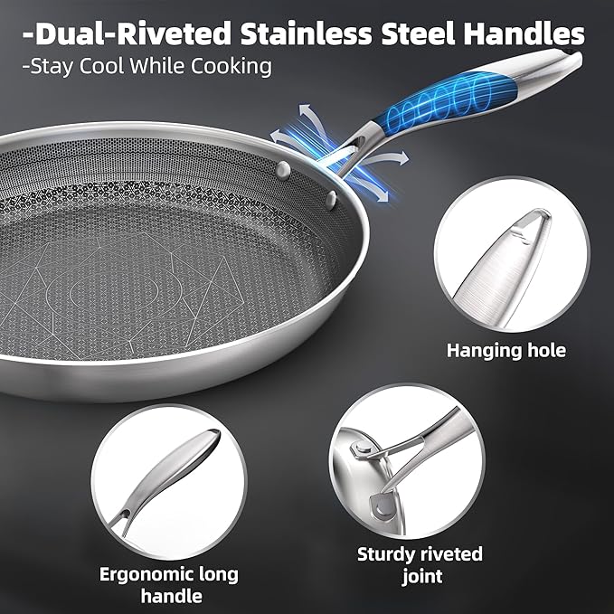 COOKER KING 8-Inch Stainless Steel Pan, Hybrid Nonstick Frying Pan, Skillet, 3-Ply Clad Cookware, Even Heat Distribution, Dishwasher & Oven Safe, with Stay-Cool Handle, Induction Compatible