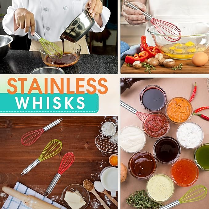 100 Sets 10 Inch Christmas Whisks Gifts DIY Fillable Christmas Tree Ornaments Xmas Colored Silicone Whisks for Cooking Heat Resistant Egg Beaters with Card Rope Bag for Candy Holder