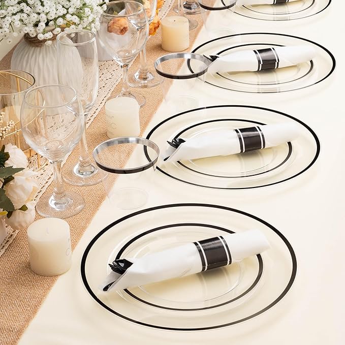 BESTSTAR 350PCS Clear and Black Disposable Plates Set for 50 Guests, 100 Plastic Plates, 50 Plastic Cups, 50 Pre-Rolled Napkins with Cutlery for Graduation Party, Thanksgiving, Birthday, Halloween