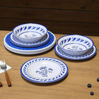 Blue Melamine Dinnerware Sets,12-Piece Plates and Bowls Set for 4,Coastal Farmhouse Style Dish Sets,Chip Resistant & Dishwasher Safe,Dark Indigo Vintage Pattern for Outdoor Patio Everyday Use