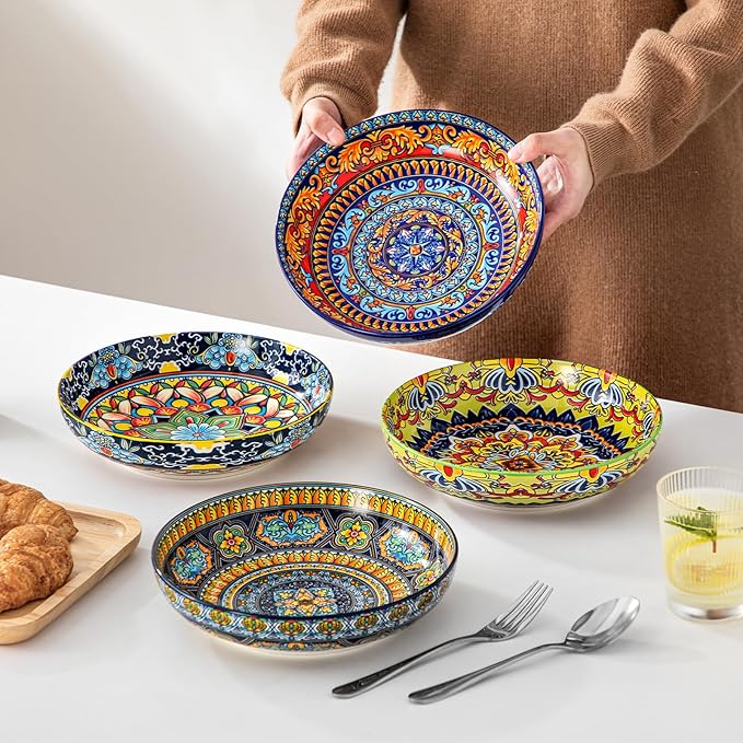 vancasso Pasta Bowls Set of 4, Ceramic Salad Serving Bowls, 42Oz Large Pasta Bowls, 8.7 in Colorful Bowl Plates for Soup, Bohemian Shallow Bowls for Kitchen, Microwave & Dishwasher Safe