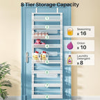 SNTD 8 Tiers Over the Door Organizer - Height Adjustable Pantry Organizers and Storage with Dense Mesh Baskets, Anti-Swing Hanging Door Spice Rack for Kitchen Bathroom (White, 17" W x 6" D x 69" H)
