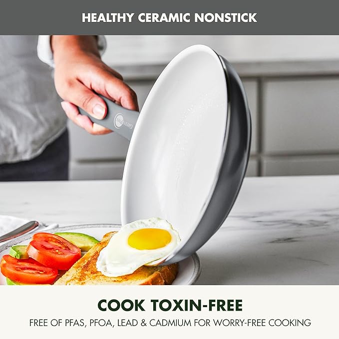 GreenPan Dover 8” Frying Pan Skillet with Spatula, Non-Toxic PFAS-Free Ceramic Nonstick Coating, Sear Saute Fry Egg Omlete, Dishwasher & Oven Safe, Stay-Cool Handle, Easy Pour Rims, Gray
