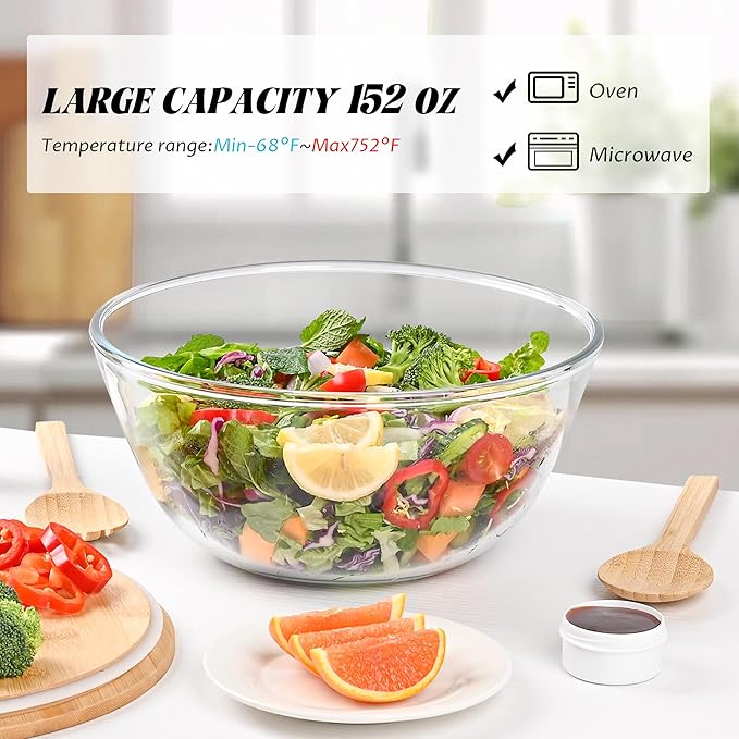 LOVYANXUE 10.6" Glass Salad Bowl with Sealed Lid, 4.7 Quart Large Capacity Serving Bowls and Mixing Bowls with Utensils, Versatile Glass Bowls for Salads, Trifle, Fruits, Pasta, Microwave Safe