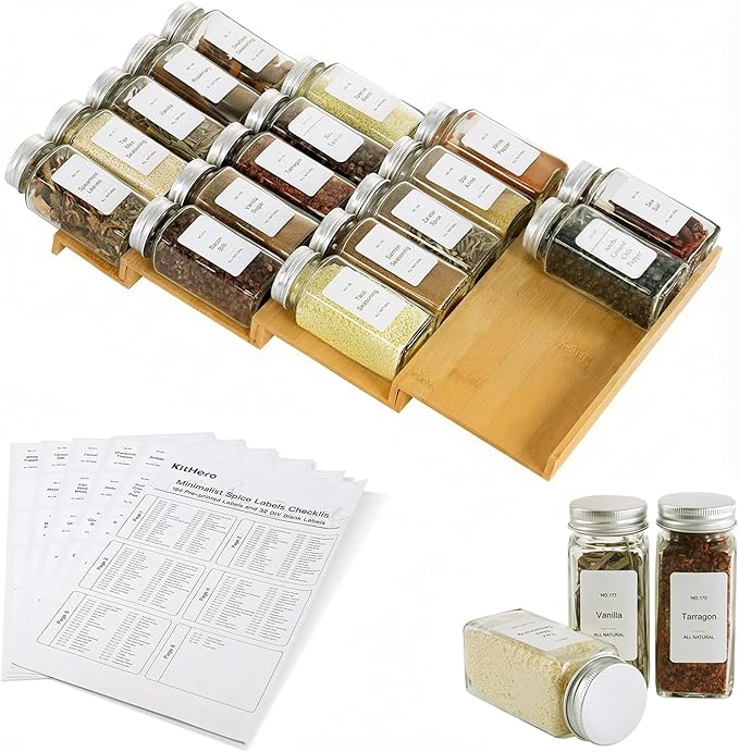 Spice Drawer Organizer with 18 Spice Jars,216 Labels,50 Non-slip Rubber, Bamboo 4 Tier Seasoning Rack Tray Insert for Kitchen Drawers,Cabinets,Countertop,9" Wide x 15.8" Deep