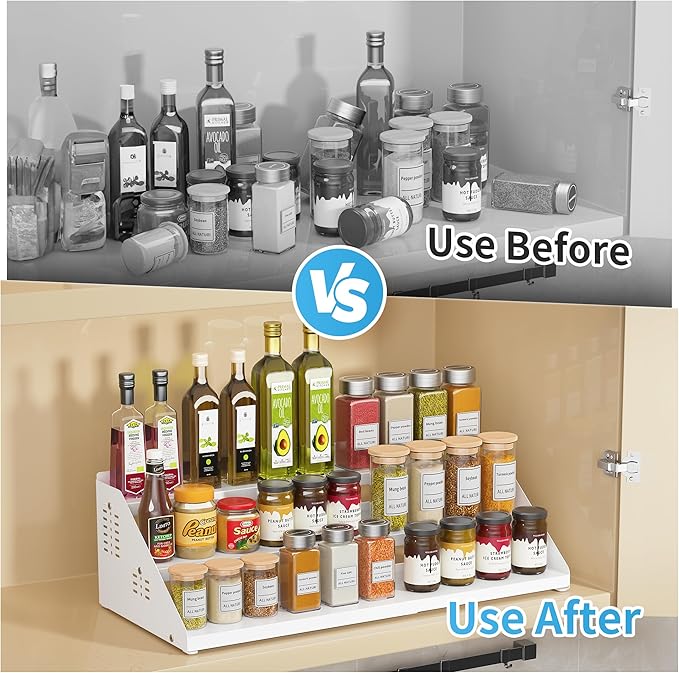 Spice Rack, Spice Organization for Cabinet - Expandable Width, 3 Tiered Spice Rack Organizer for Cabinet - Adjustable Height, Seasoning Organizer for Cabinet, Countertop, Pantry, White