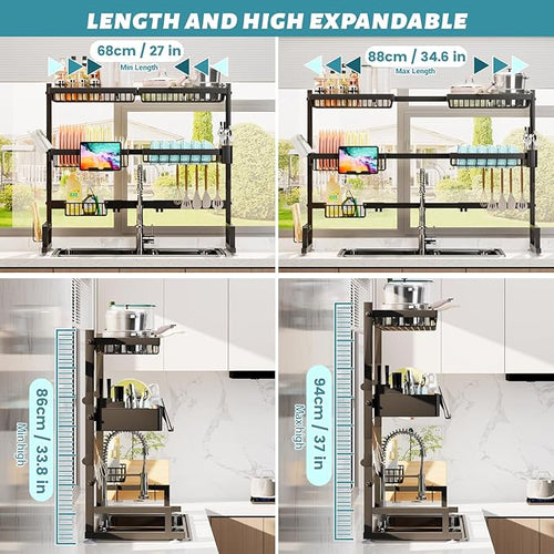 ADBIU Over The Sink Dish Drying Rack (Expandable Height and Length) Snap-On Design 2 Tier Large Dish Rack (27-40L x 12W x 32.5-37H (inches))
