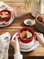 LE TAUCI Soup Bowls with Handles - 22 oz Lead-Free Ceramic French Onion Crocks, Oven and Microwave Safe, Heat-Resistant Design, Stackable, Dishwasher Safe, Set of 4, Red