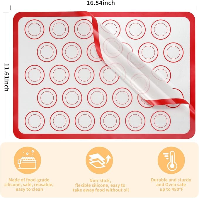 2-Pack Baking Mat with Circles – Silicone Macaron & Cookie Sheet Liners, Non-Stick BPA-Free Reusable Silicone Mats for Half Sheet Pans for Precision Baking & Candy, White with Red Edge