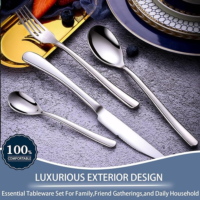24 Pieces Flatware Set, Stainless Steel Cutlery Set with Silverware Holder, Spoons Forks Knives Set,Hanging Silverware Set Service for 6,Dishwasher Safe (Silver)