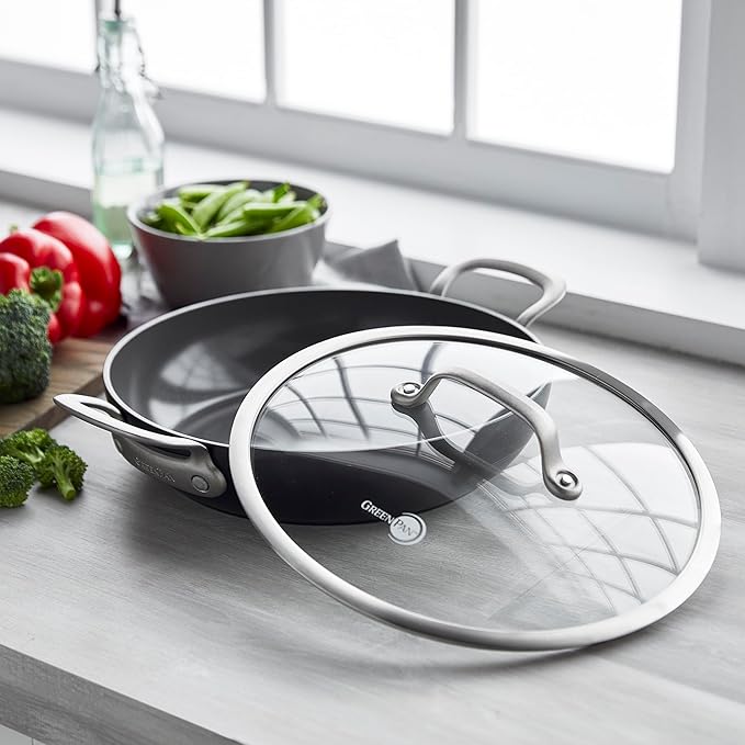 GreenPan Healthy Ceramic Nonstick 12" Everyday Frying Pan with 2 Handles and Lid, PFAS-Free, Multi Clad, Induction, Dishwasher Safe, Oven Safe, Black