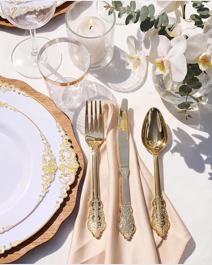 Nervure 175PCS White and Gold Plastic Plates - Disposable Dinnerware Set Include 50 Gold Plates for Dinner and Dessert, 75 Cutlery, 25Cups 25Napkins for Wedding & Party & Thanksgiving