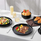 Herogo 12 Pieces Stoneware Dinnerware Sets Service for 4, Dinner Plates and Bowls Sets, Double Reactive Glaze Dishes Sets for Kitchen, Scratch Resistant, Microwave & Dishwasher Safe, Matte Black