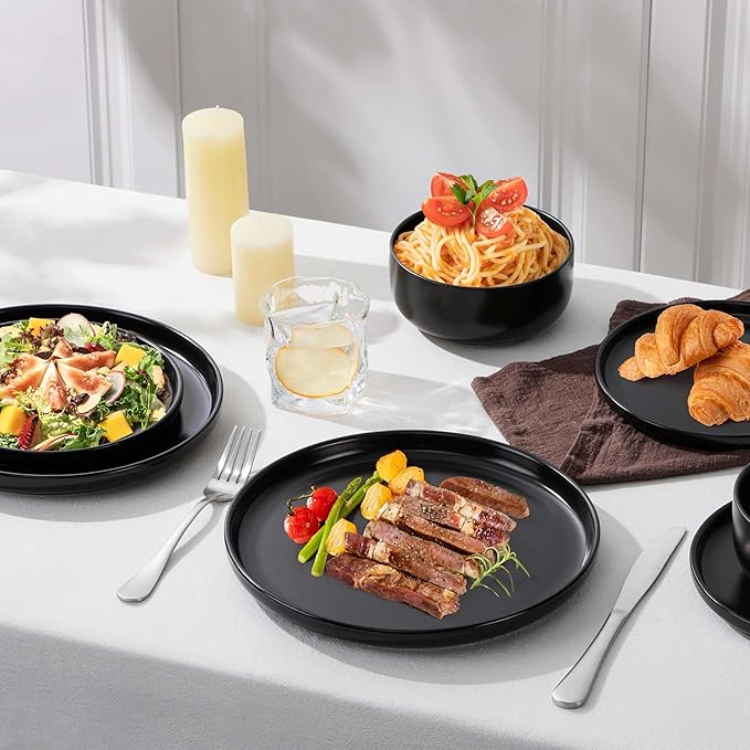Herogo 24 Pieces Stoneware Dinnerware Set Service for 8, Dinner Plates and Bowls Sets, Double Reactive Glaze Dishes Set for Kitchen, Scratch Resistant, Microwave & Dishwasher Safe, Matte Black