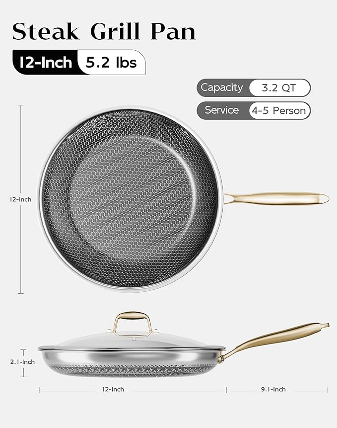 Honeycomb Stainless Steel Nonstick Frying Pan with Lid 12 Inch, Induction Cooktop Compatible Skillet, PFOA-Free Scratch-Proof, Dishwasher & Oven Safe, Stay-Cool Handle, Gold Kitchen Cookware