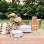WELLIFE 350 PCS Rose Gold Disposable Dinnerware Set for 50 Guests, Disposable Rose Gold Lace Plates, Include:50 Dinner Plate, 50 Dessert Plates, 50 Pre Rolled Napkins with Silverware and 50 Cups