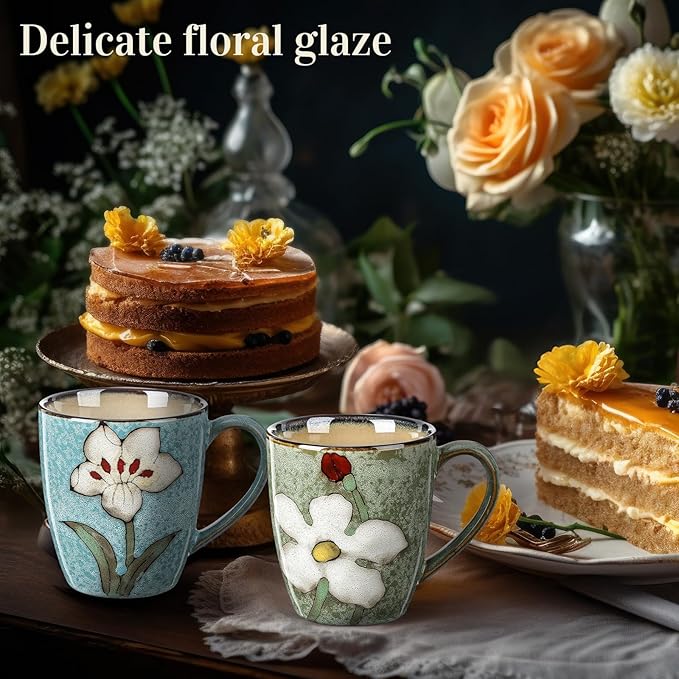 Maxdot 2 Pcs 12oz Ceramic Coffee Mugs Sets Glazing Process Cappuccino Mug Floral Ceramic Tea Cups Mother's Day Idea Gift for Women Mom Porcelain Cup for Coffee, Cocoa, Tea, Latte (Fresh)