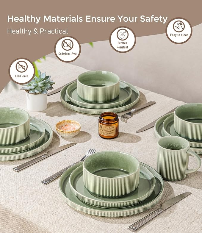 GBHOME 24-Piece Stoneware Dinnerware Set for 8 – Ribbed Ceramic Plates and Bowls, Scratch-Resistant, Microwave & Dishwasher Safe, Reactive Glaze, Light Green